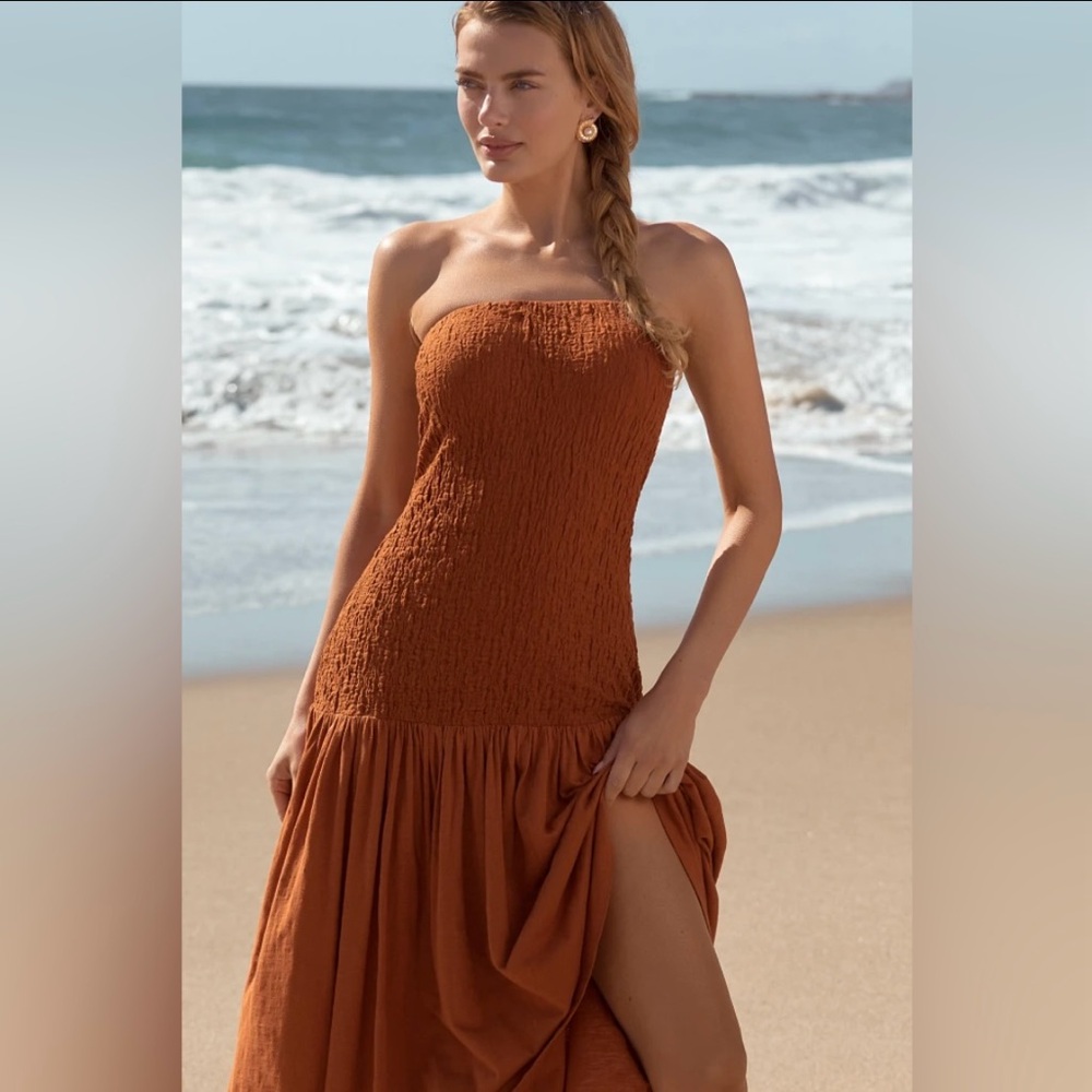 ANTHROPOLOGIE Celandine Strapless Popcorn Midi Dress Rusted Brown NWT Size M